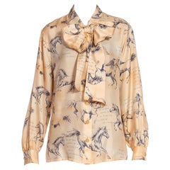 1980S ESCADA Cream & Navy Blue Silk Twill Equestrian Horse Print Blouse With De