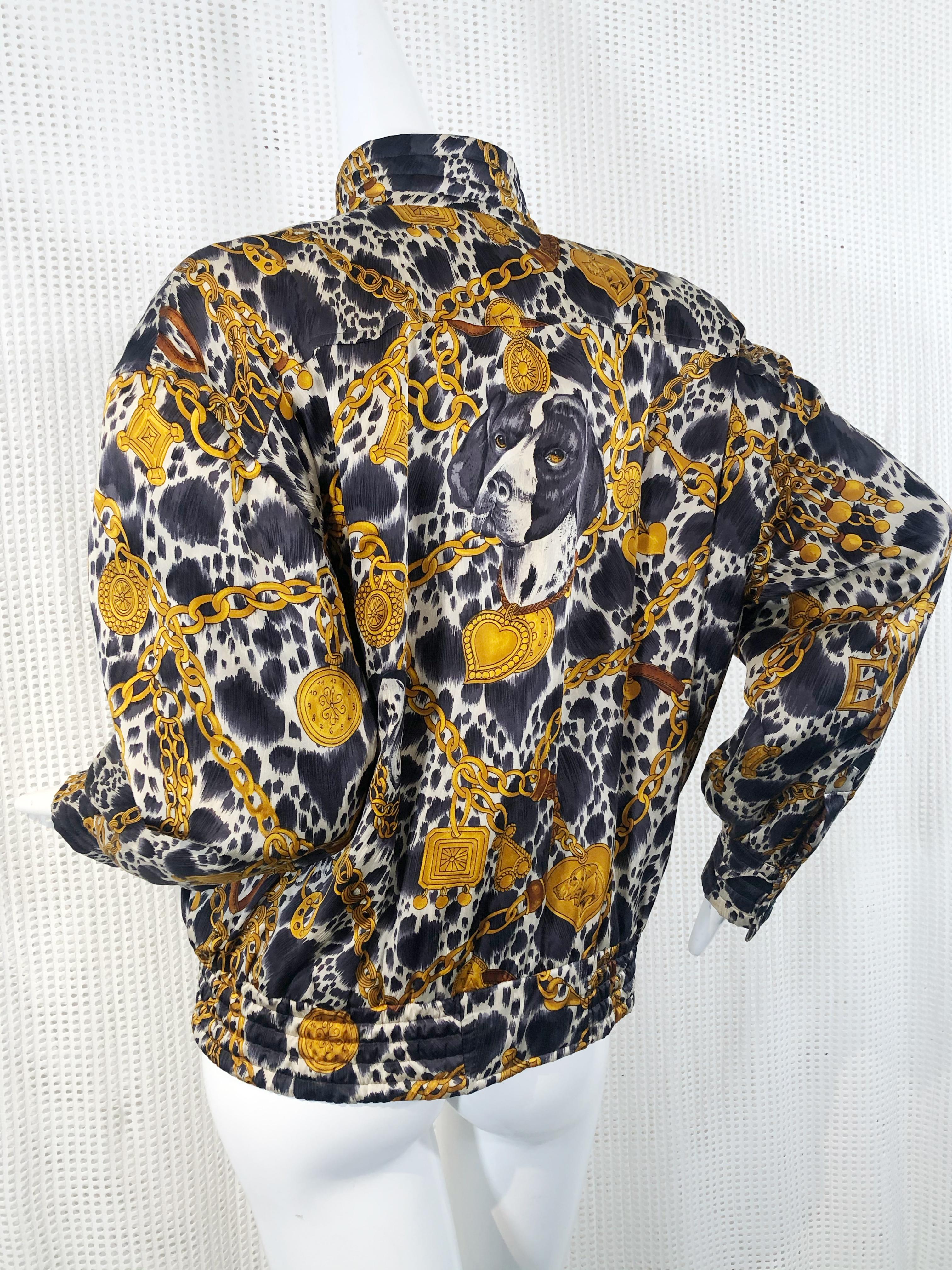 1980s Escada Dog with Chains and Logo Medallion Print Silk Bomber Jacket For Sale 4
