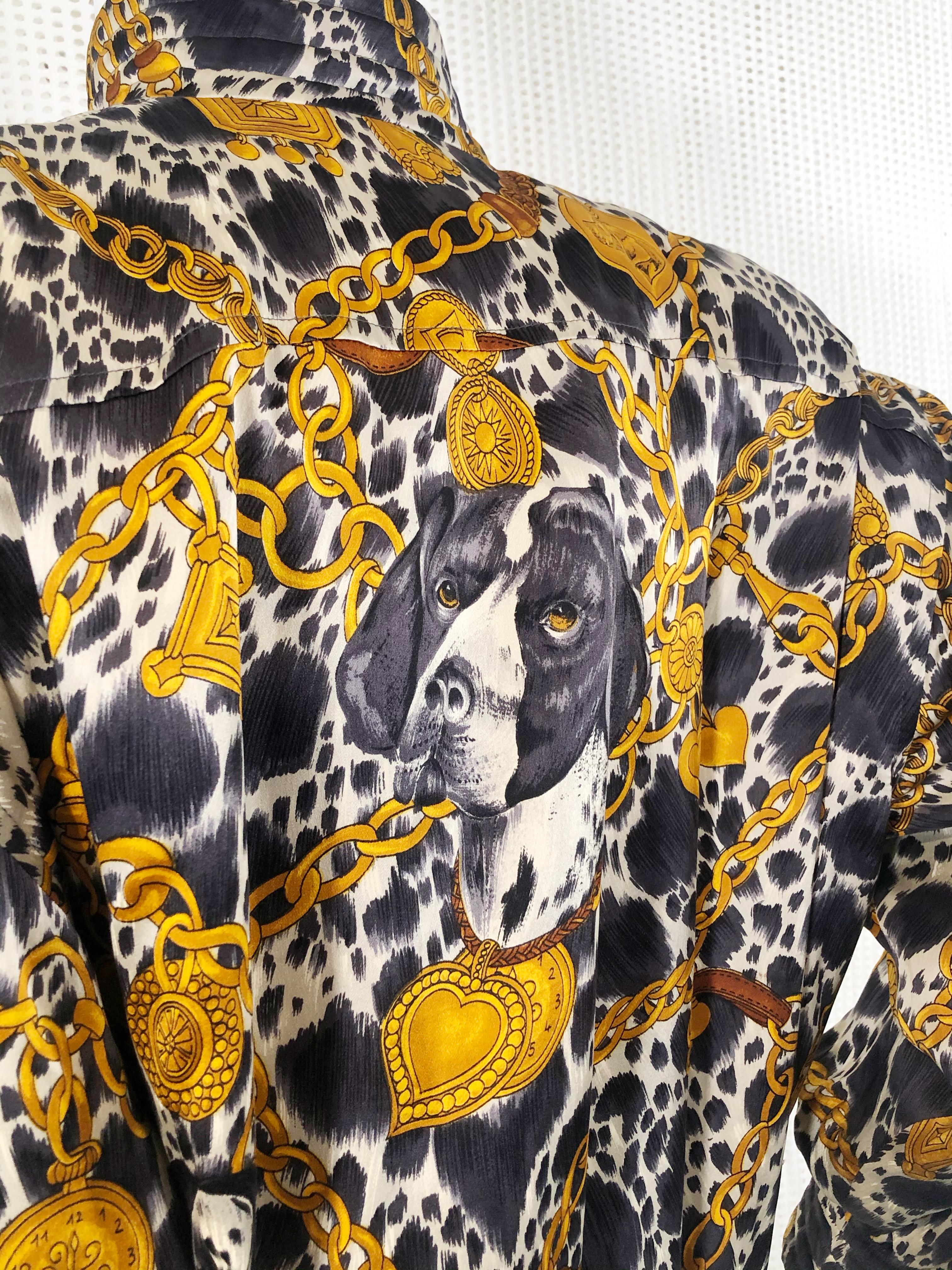 1980s Escada Dog with Chains and Logo Medallion Print Silk Bomber Jacket For Sale 5