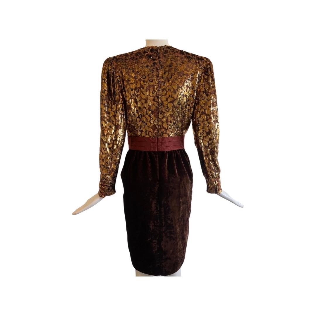 Mob Wife dress if there ever was one! 
1980s Escada evening dress which is full glam.  The top half is draped silk done in a wrap top effect.  On the crepe silk of multiple layers there is a leopard print and then metallic thread on the top done