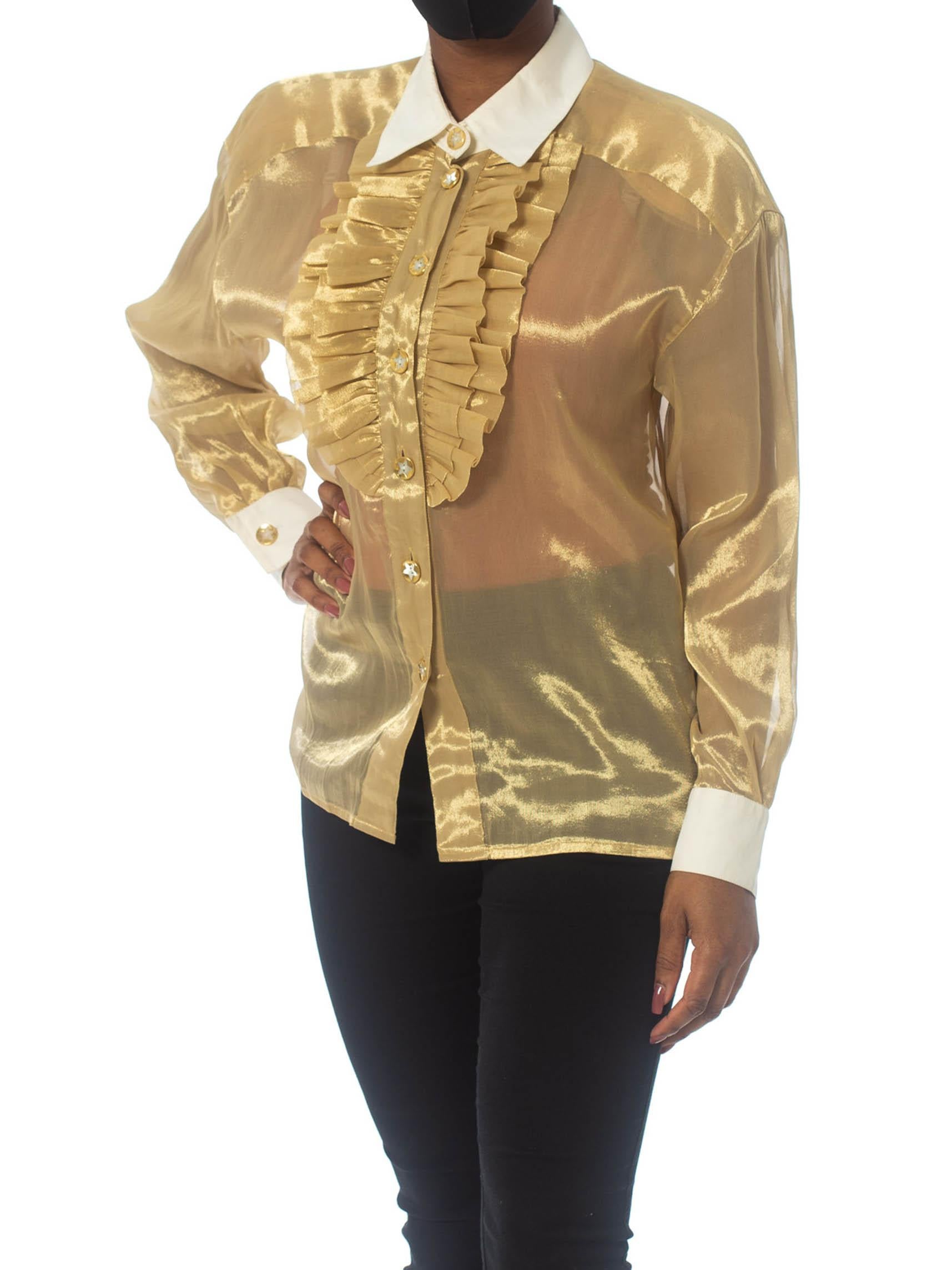 Brown 1980S ESCADA Gold Metallic Lamé Ruffle Tuxedo Shirt