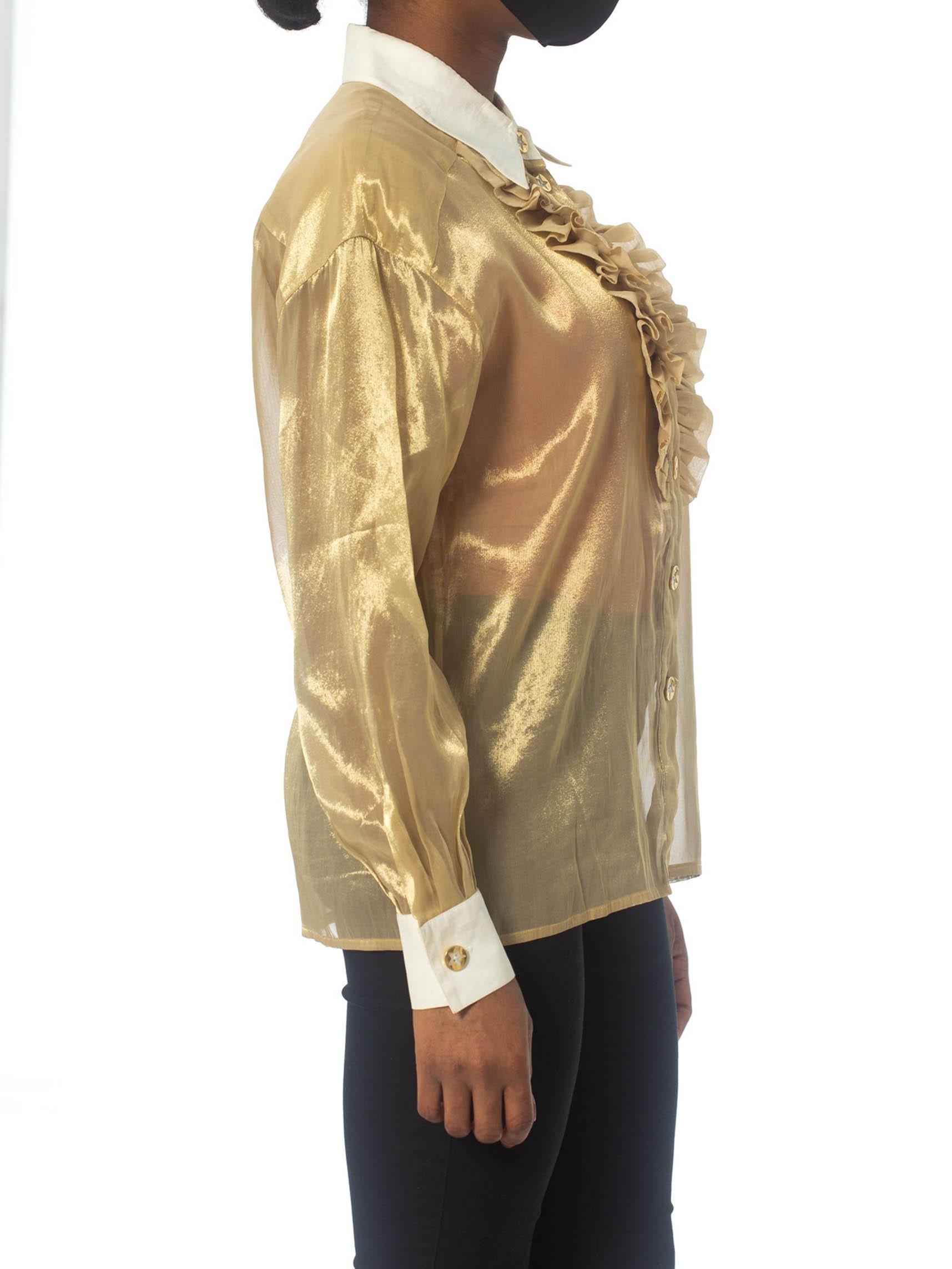 1980S ESCADA Gold Metallic Lamé Ruffle Tuxedo Shirt In Excellent Condition In New York, NY