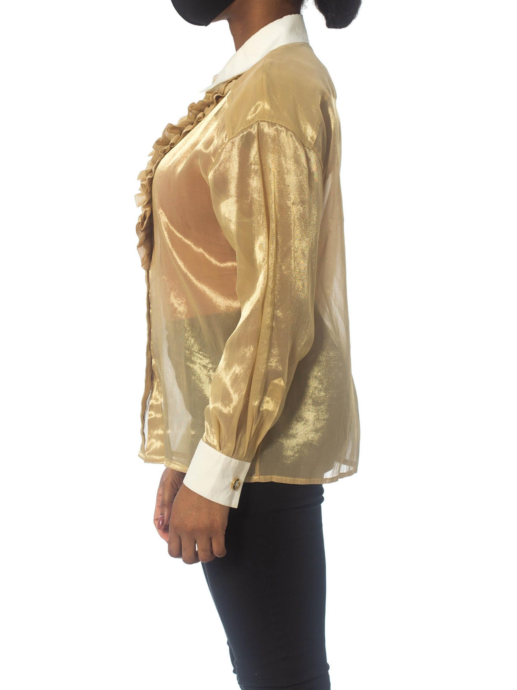 Women's 1980S ESCADA Gold Metallic Lamé Ruffle Tuxedo Shirt