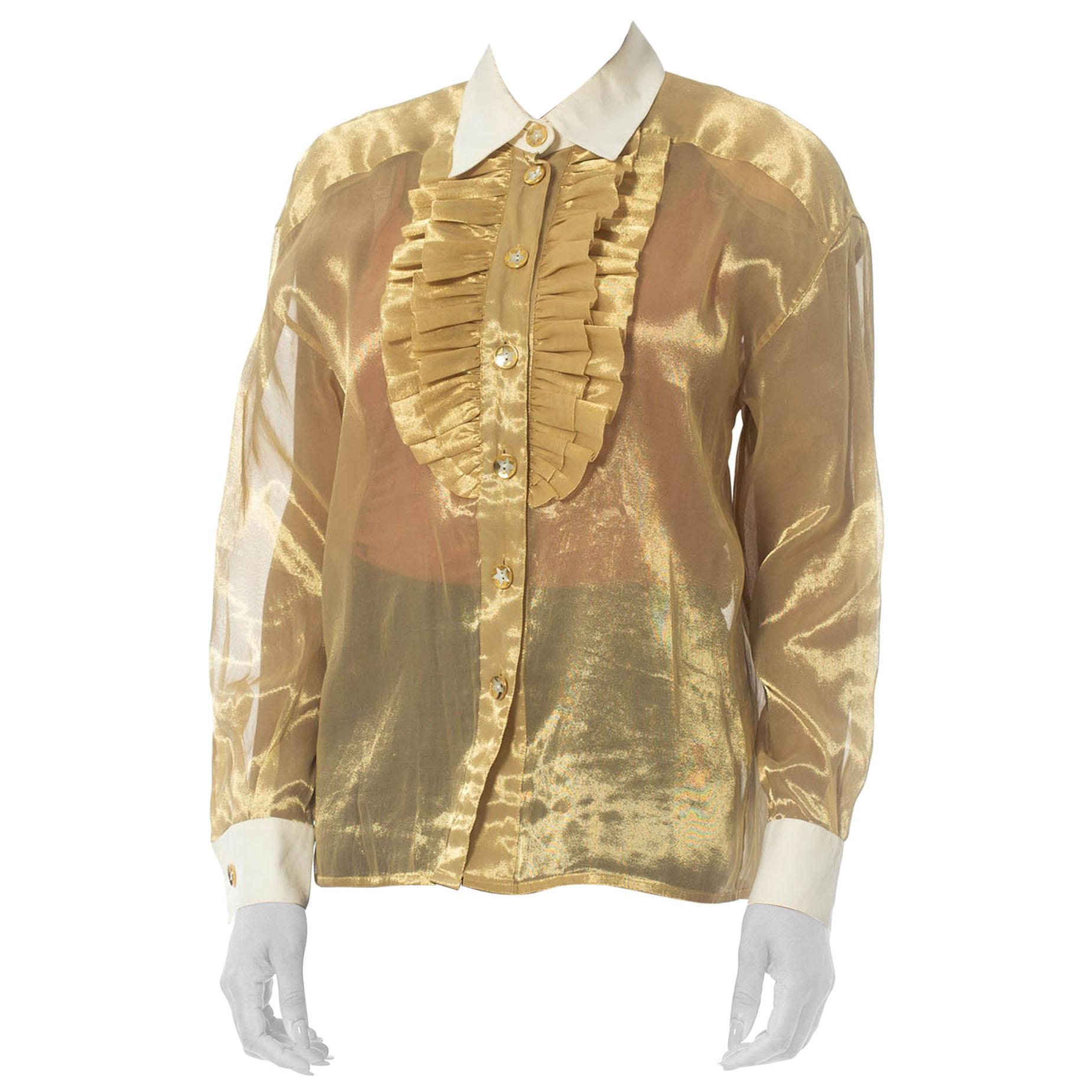 1980S ESCADA Gold Metallic Lamé Ruffle Tuxedo Shirt
