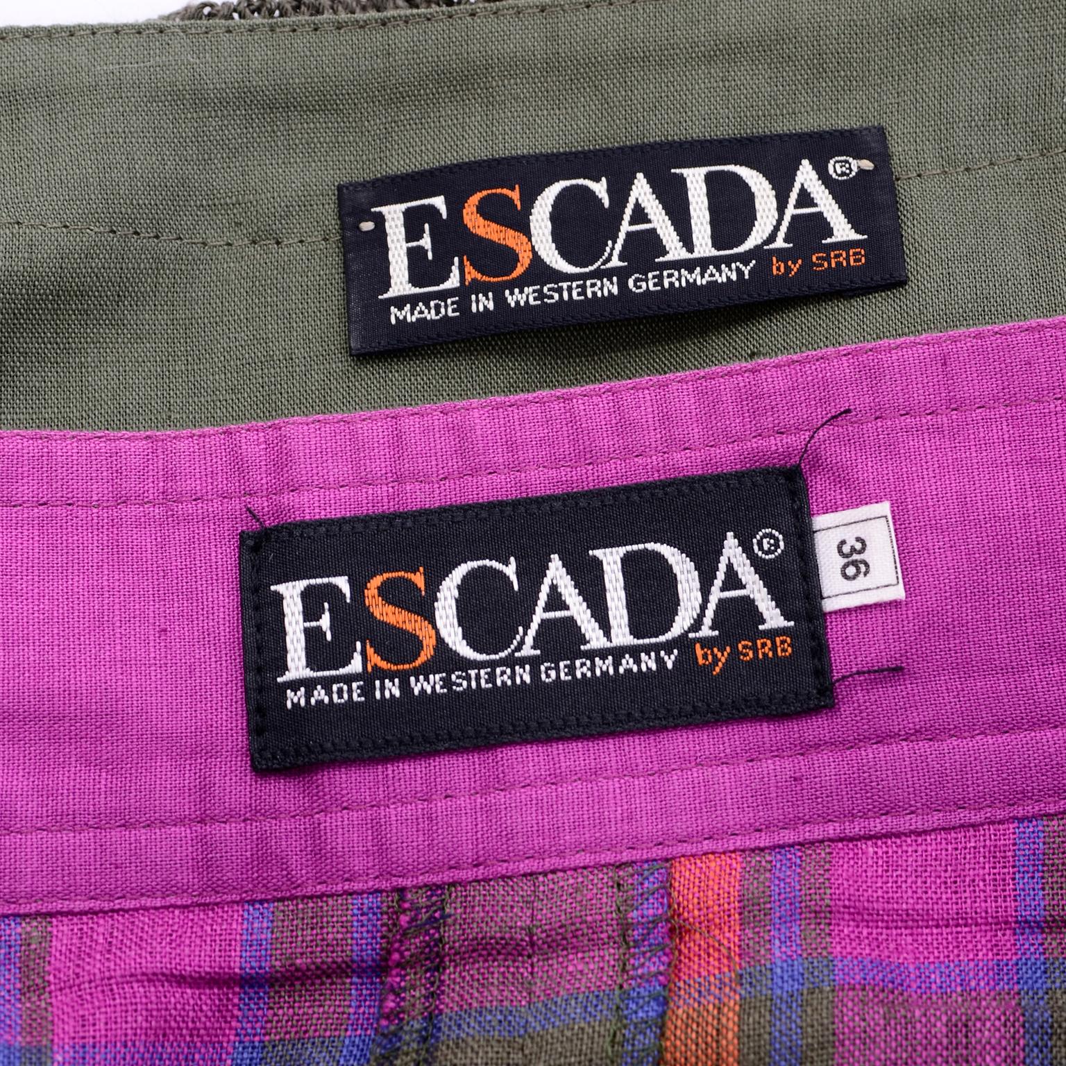 1980s Escada Green Pink Blue & Orange Plaid 2 pc Dress w/ Skirt & Linen Top For Sale 6