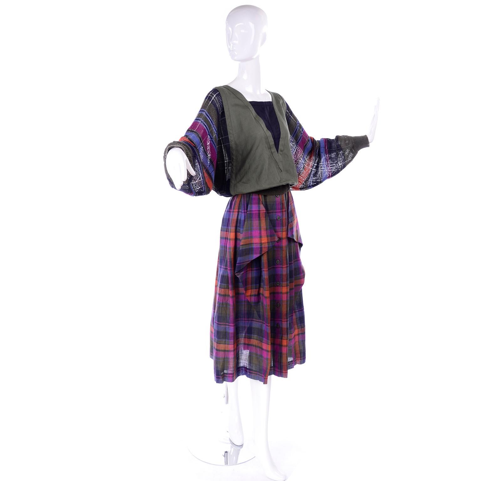 Black 1980s Escada Green Pink Blue & Orange Plaid 2 pc Dress w/ Skirt & Linen Top For Sale