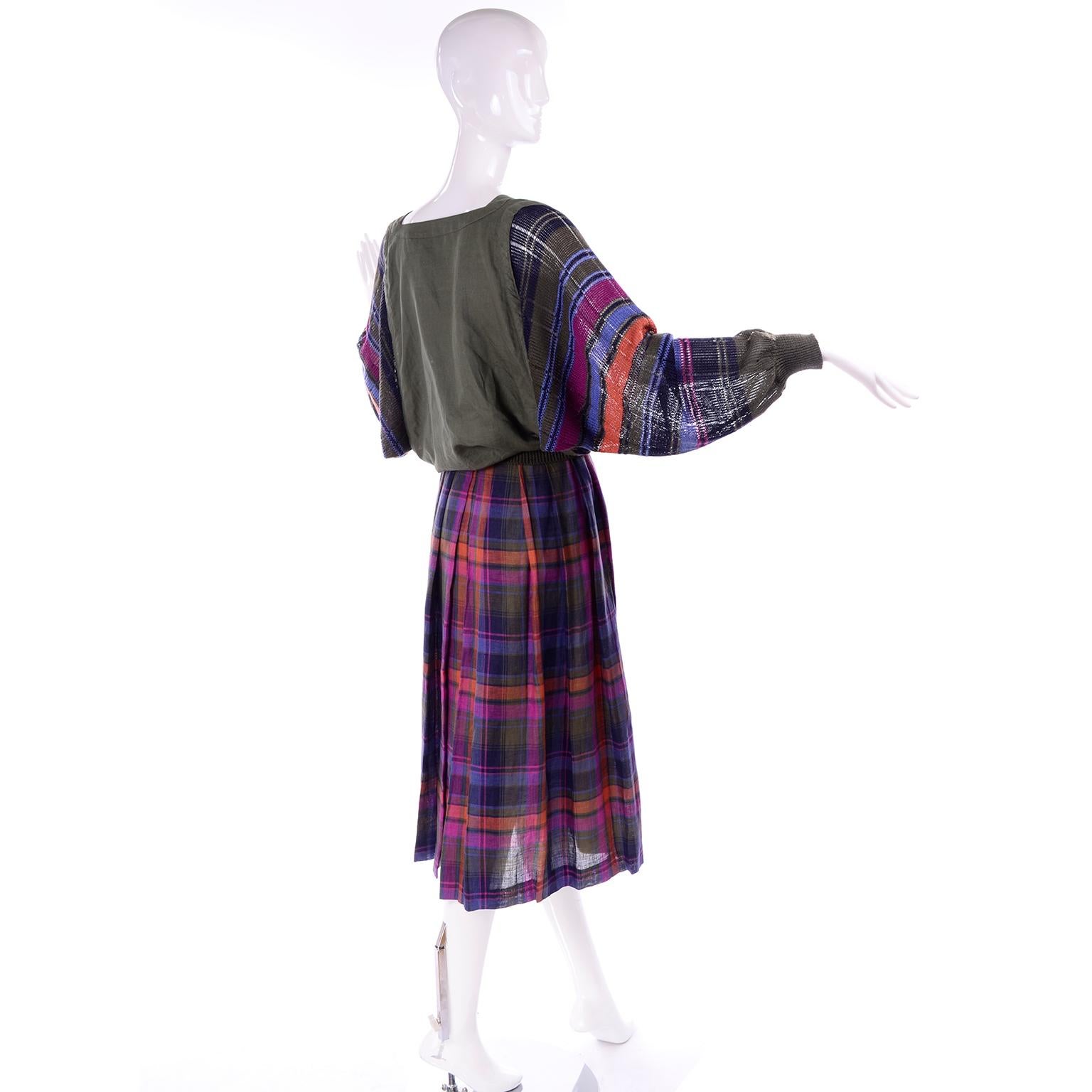 1980s Escada Green Pink Blue & Orange Plaid 2 pc Dress w/ Skirt & Linen Top In Excellent Condition For Sale In Portland, OR