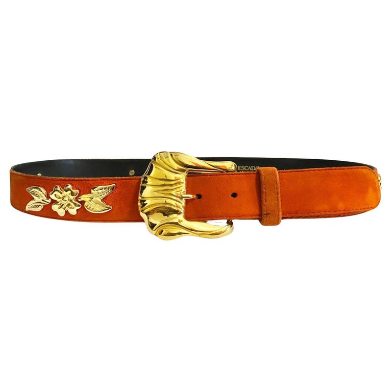 1980s Escada Lobster Red Suede Gold Buckle Belt For Sale at  display picture 1