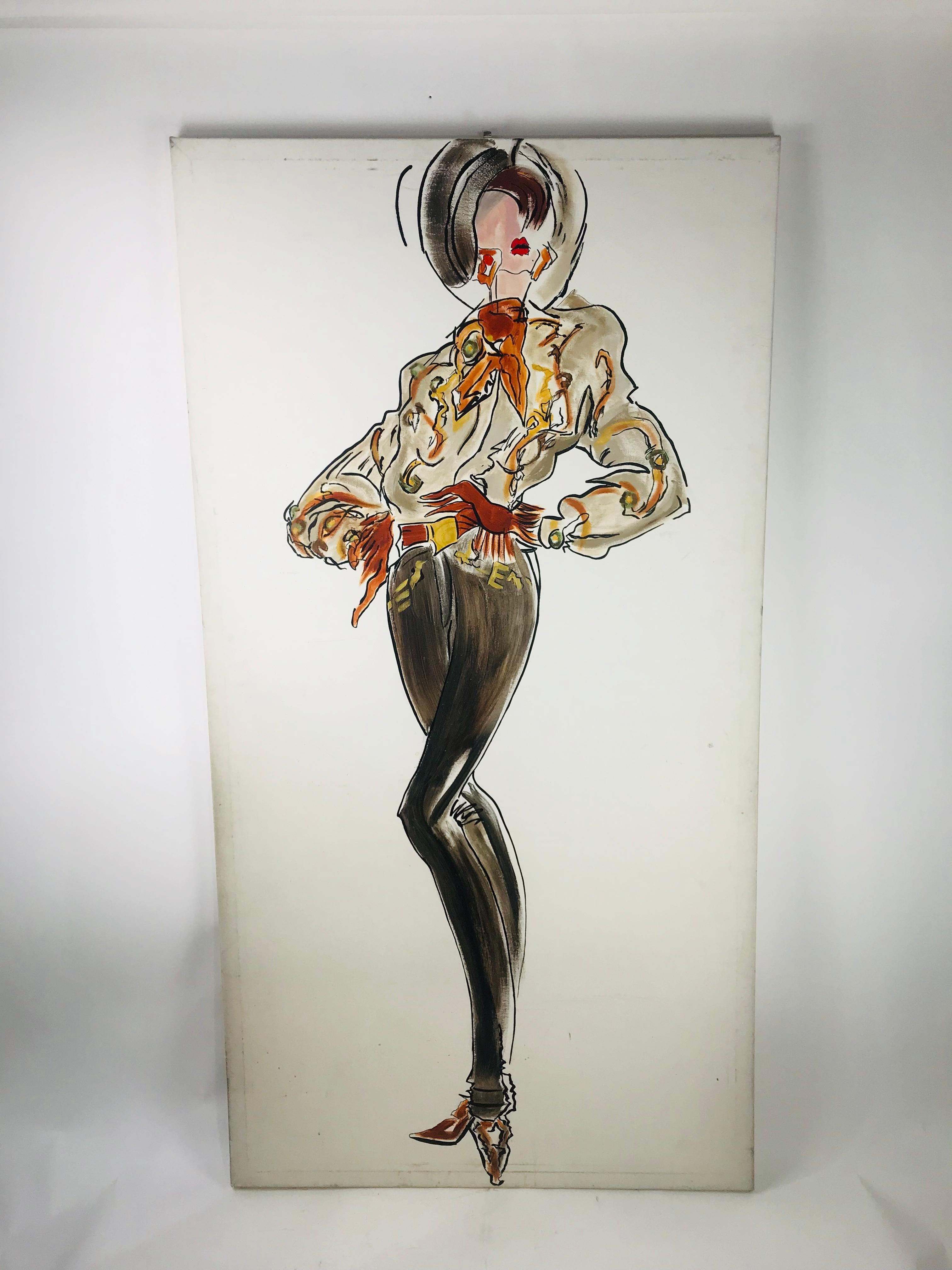 Stylized late midcentury advertizing painting unsigned for Escada fashion. 
 Dramatic size of a model strutting 1980s Haute Couture. A great addition to any She Cave or closet. Piece is unframed.
Condition: Good condition without