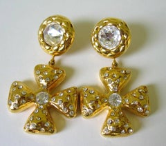 1980s Escada Maltese Cross Drop Crystal Earrings, Never Worn