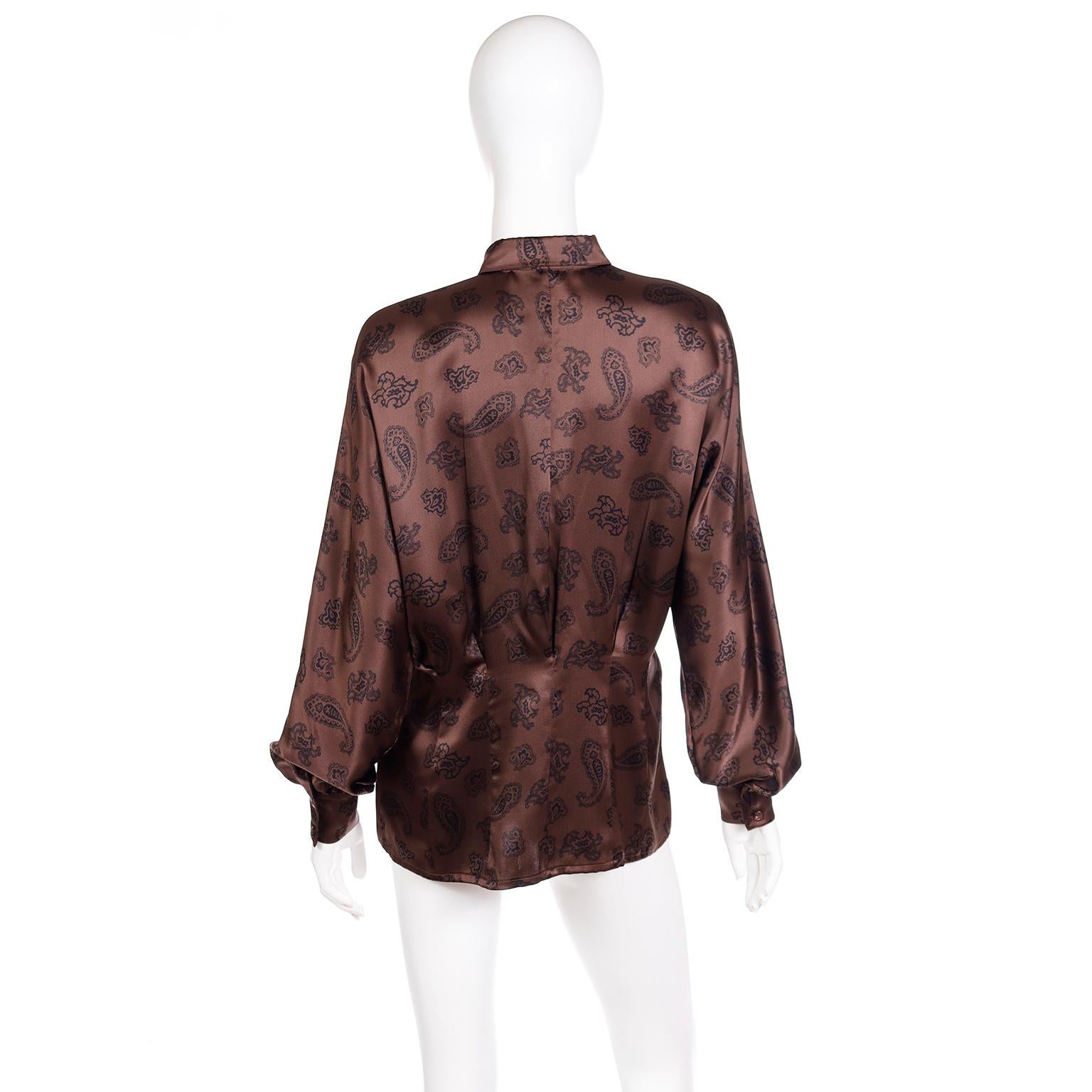 1980s Escada Margaretha Ley Brown & Black Paisley Silk Button Front Blouse In Excellent Condition For Sale In Portland, OR