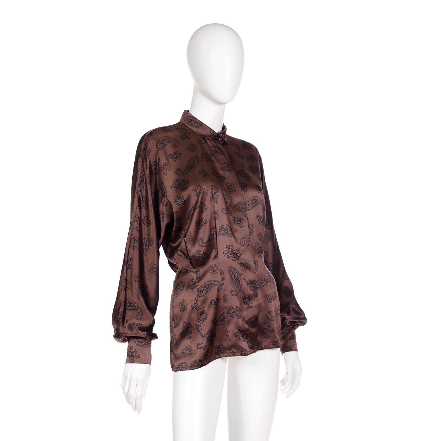 Women's 1980s Escada Margaretha Ley Brown & Black Paisley Silk Button Front Blouse For Sale