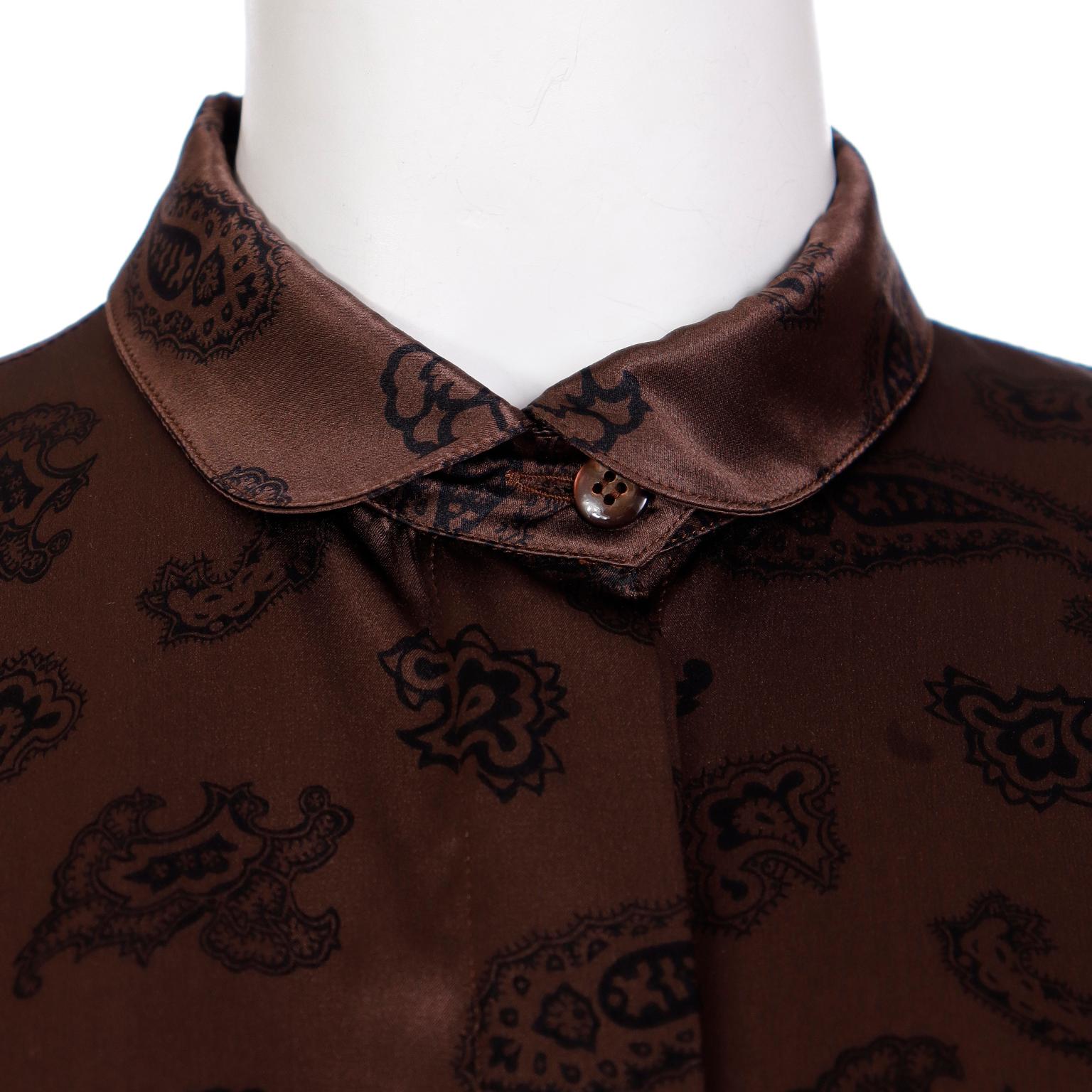 1980s Escada Margaretha Ley Brown & Black Paisley Silk Button Front Blouse For Sale 2