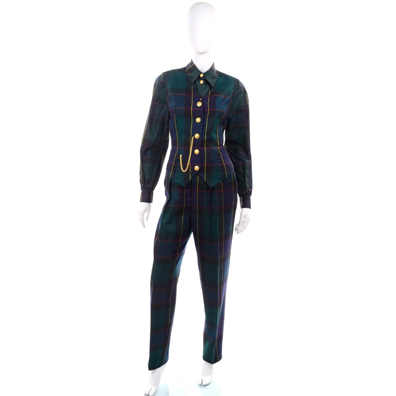 1980s Escada Margaretha Ley Green Plaid Pant Suit W Trousers Blouse Vest & Belt 5