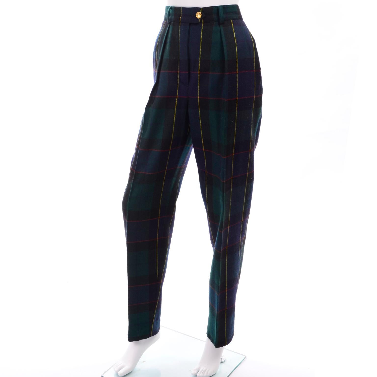 1980s Escada Margaretha Ley Green Plaid Pant Suit W Trousers Blouse Vest & Belt 6