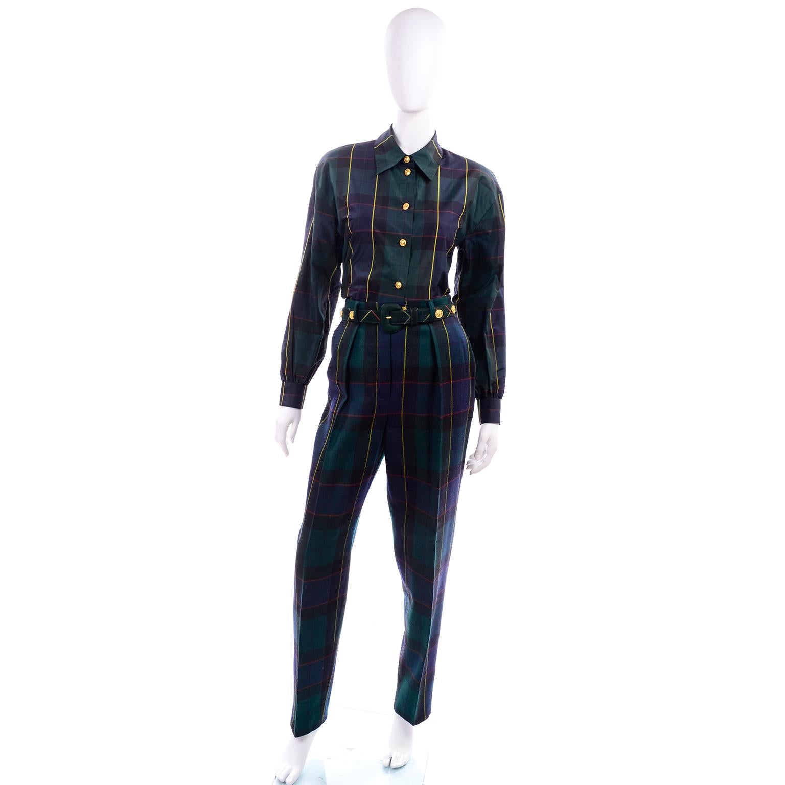 1980s Escada Margaretha Ley Green Plaid Pant Suit W Trousers Blouse Vest & Belt 7