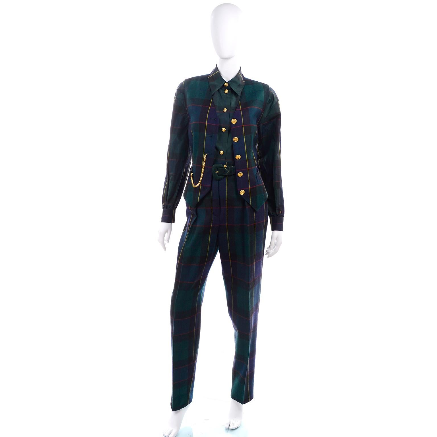 1980s Escada Margaretha Ley Green Plaid Pant Suit W Trousers Blouse Vest & Belt 11