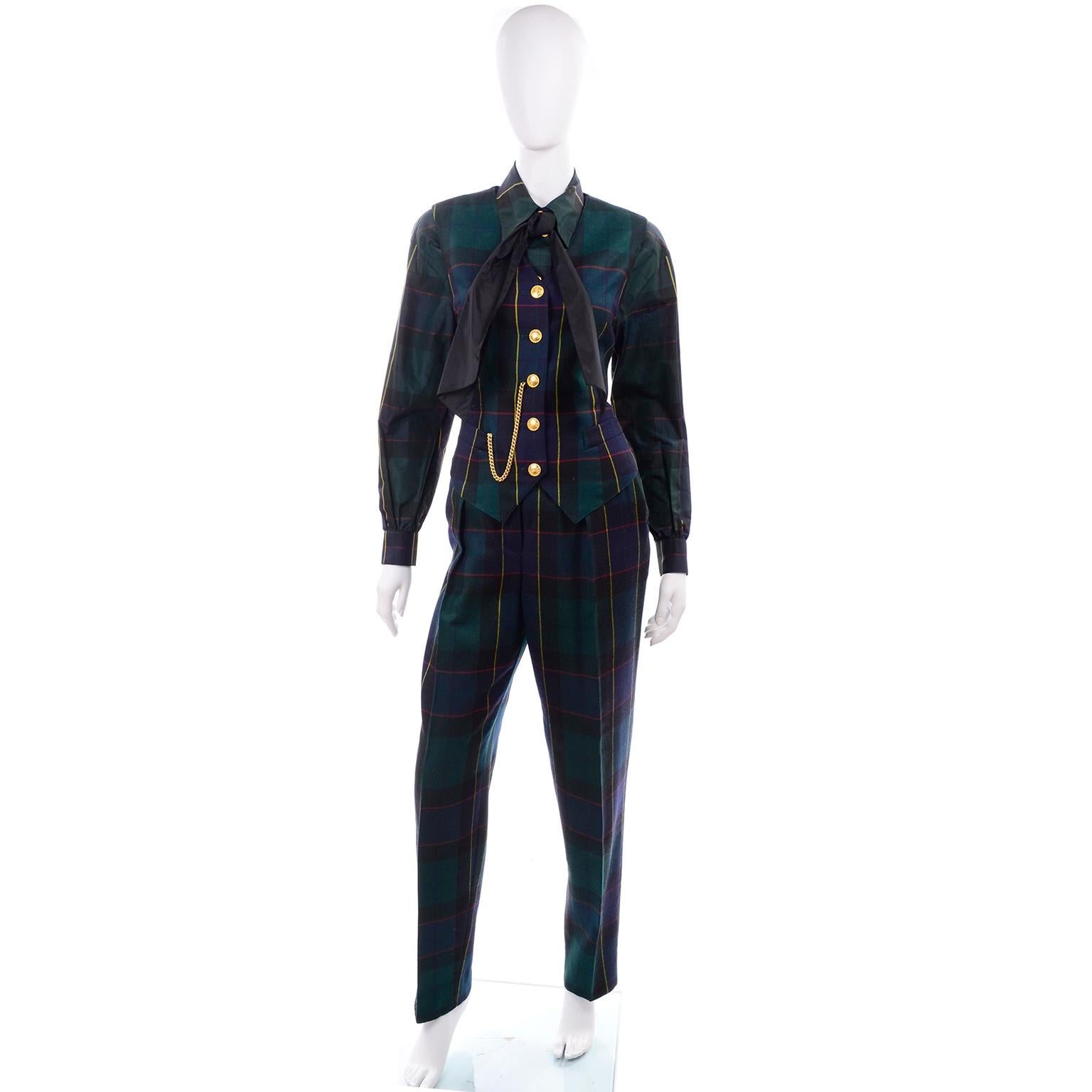 Black 1980s Escada Margaretha Ley Green Plaid Pant Suit W Trousers Blouse Vest & Belt