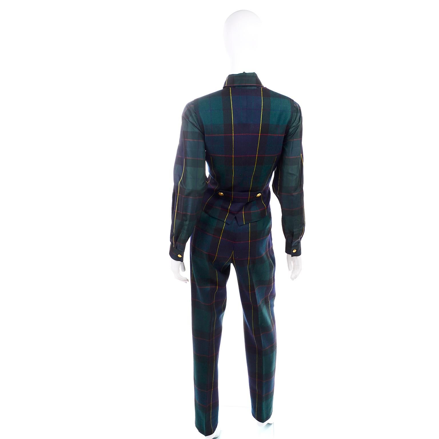 Women's 1980s Escada Margaretha Ley Green Plaid Pant Suit W Trousers Blouse Vest & Belt