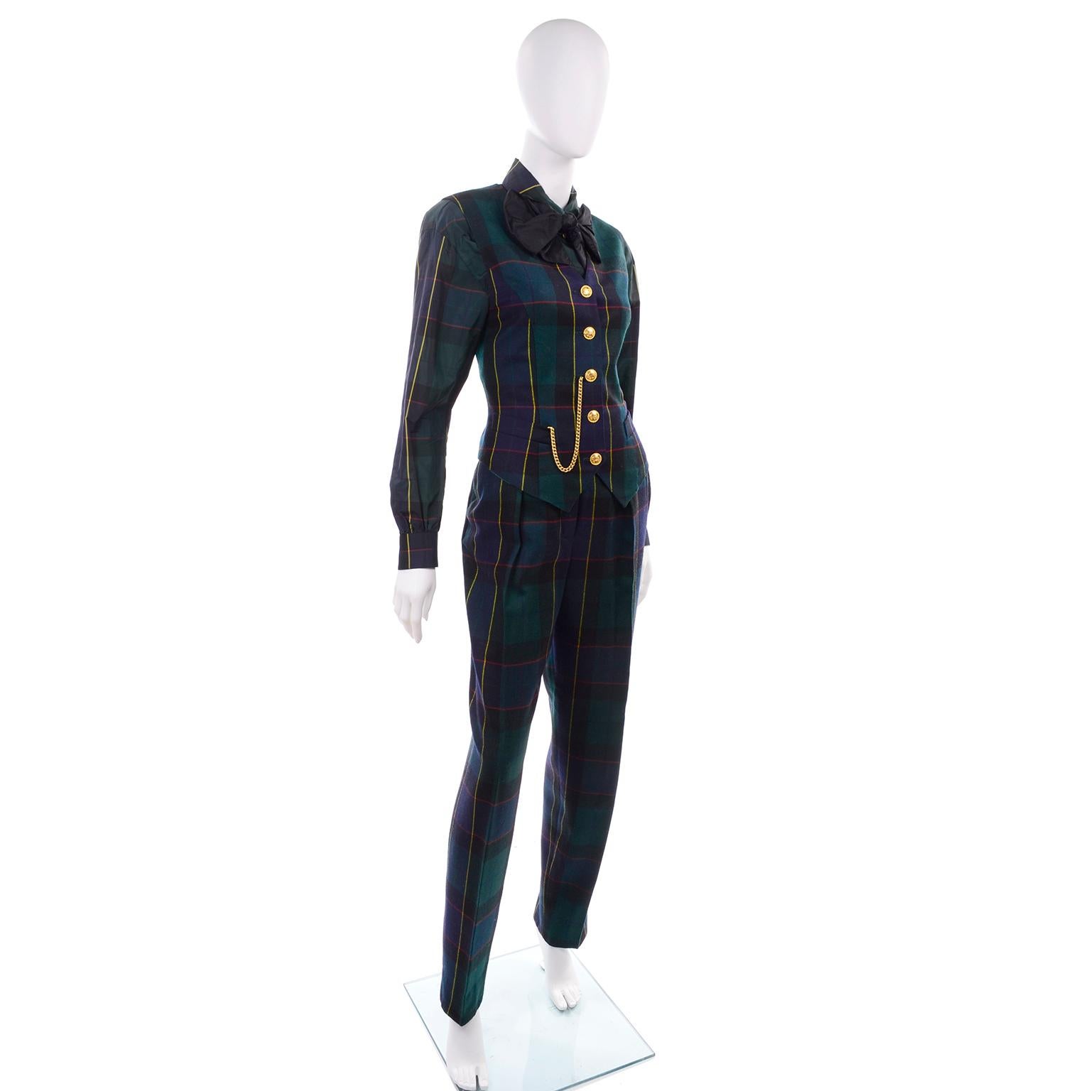 1980s Escada Margaretha Ley Green Plaid Pant Suit W Trousers Blouse Vest & Belt 1