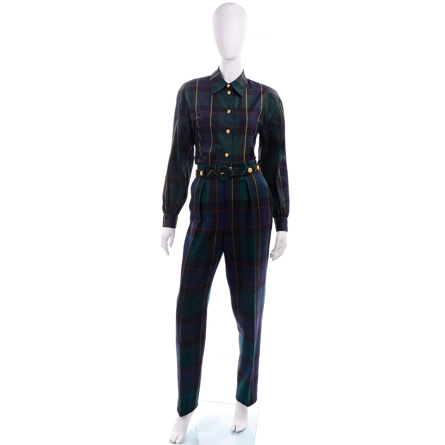 1980s Escada Margaretha Ley Green Plaid Pant Suit W Trousers Blouse Vest & Belt 2
