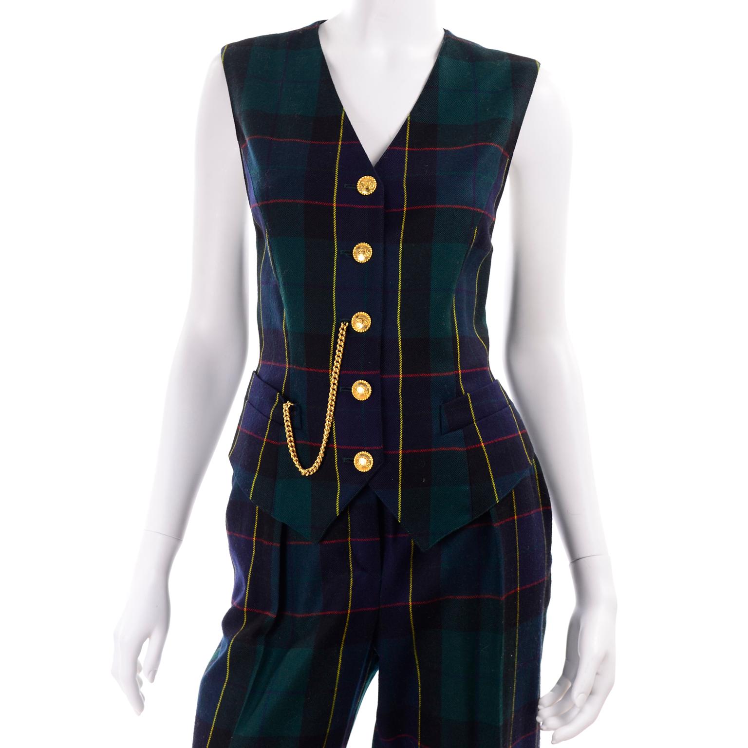 1980s Escada Margaretha Ley Green Plaid Pant Suit W Trousers Blouse Vest & Belt 4