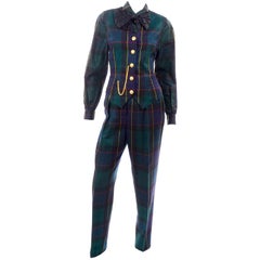 Retro 1980s Escada Margaretha Ley Green Plaid Pant Suit W Trousers Blouse Vest & Belt