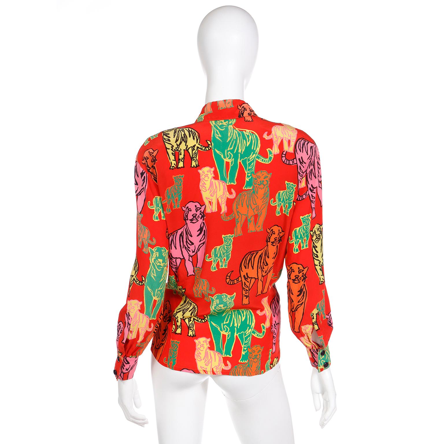 1980s Escada Margaretha Ley Iconic Tiger Print Colorful Red Silk Blouse In Excellent Condition In Portland, OR