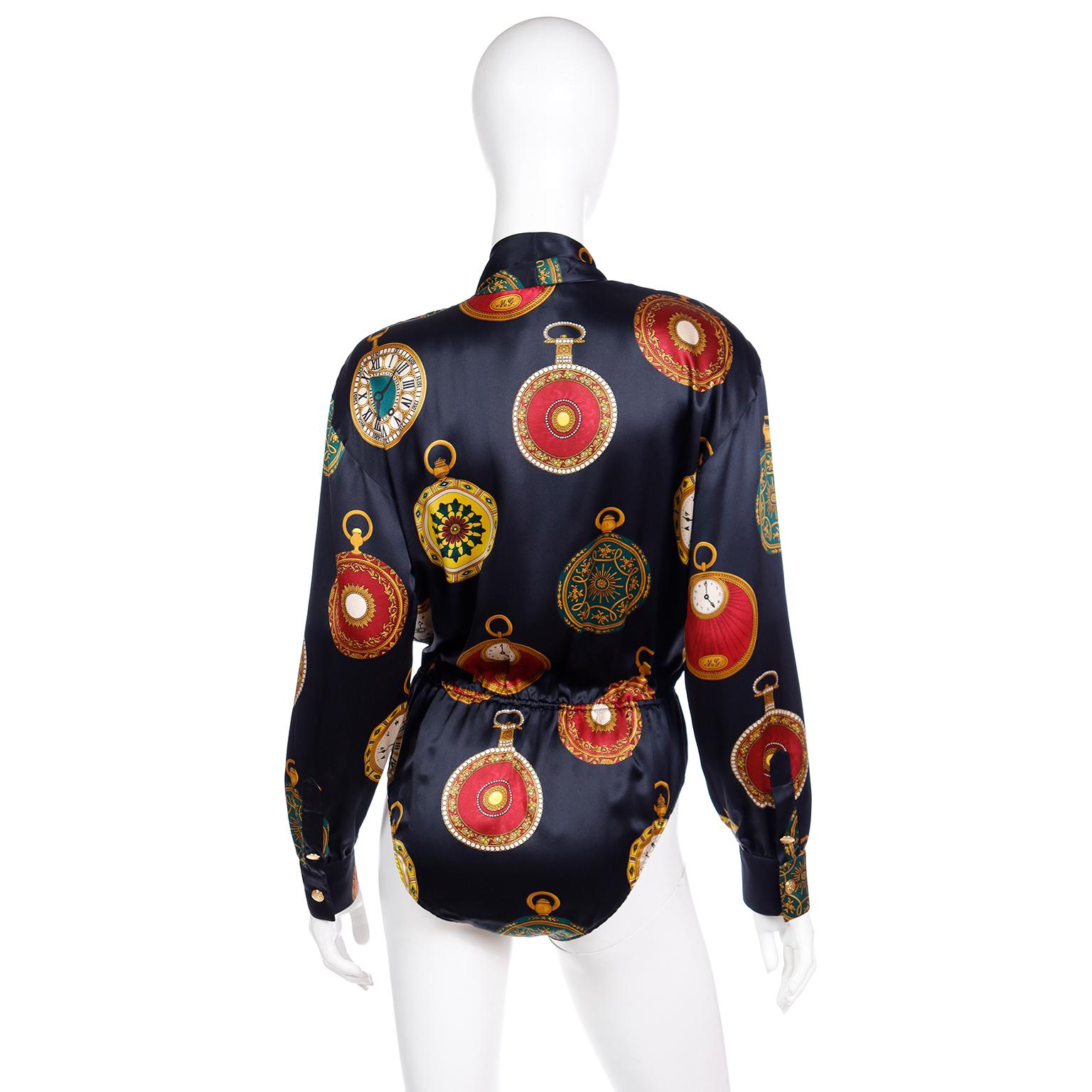 1980s Escada Margaretha Ley Pocket Watch Novelty Print Silk Bodysuit Blouse In Excellent Condition In Portland, OR