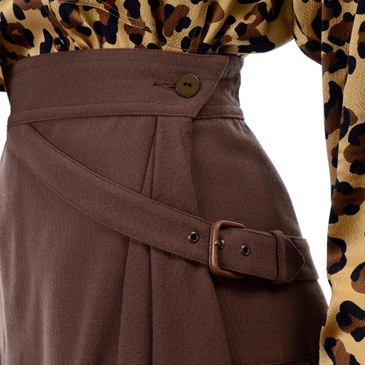 1980s Escada Margaretha Ley Silk Animal Print Blouse & Brown Wrap Skirt w/ Belt For Sale 4