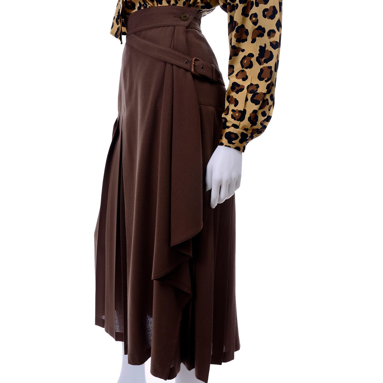 1980s Escada Margaretha Ley Silk Animal Print Blouse & Brown Wrap Skirt w/ Belt For Sale 5