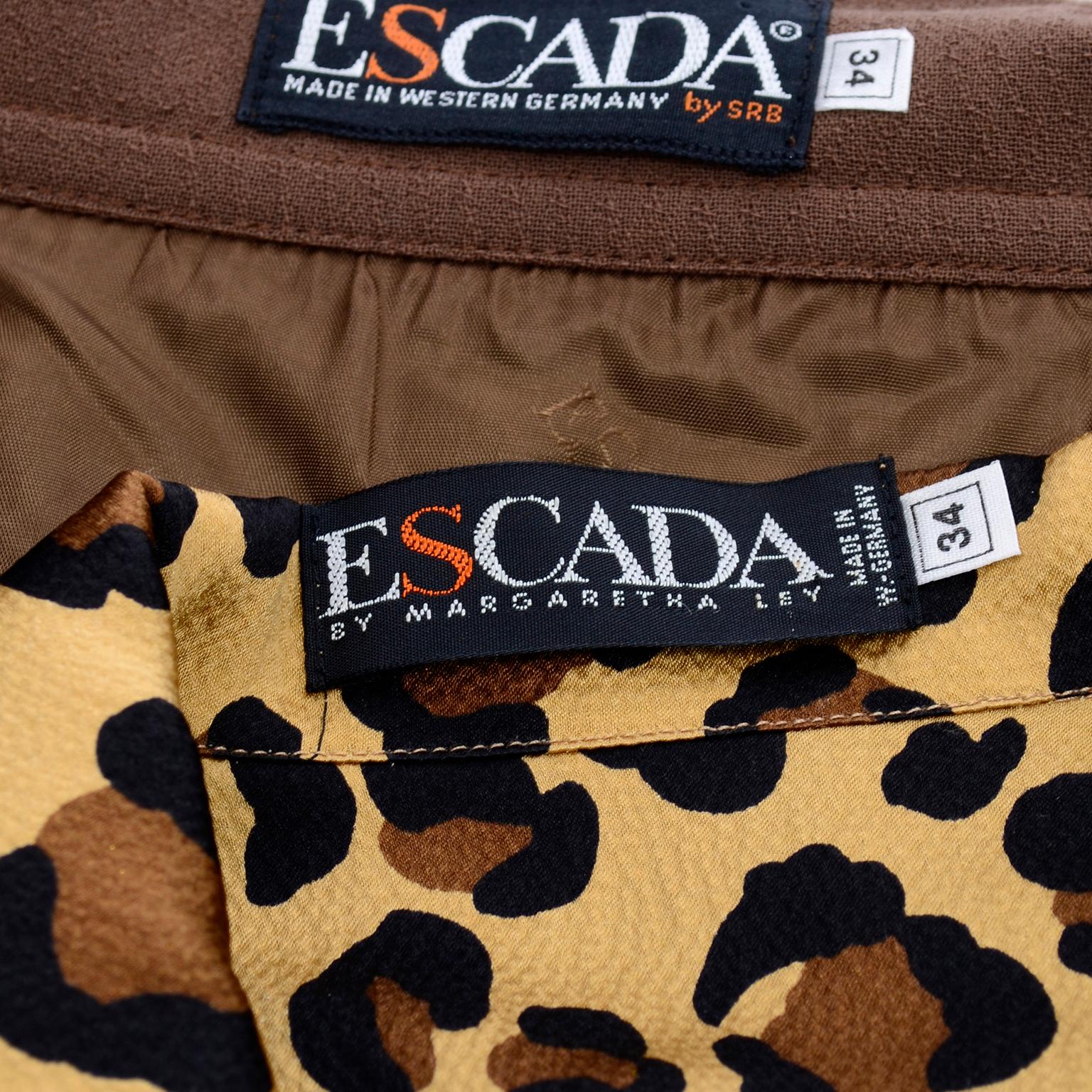 1980s Escada Margaretha Ley Silk Animal Print Blouse & Brown Wrap Skirt w/ Belt 7
