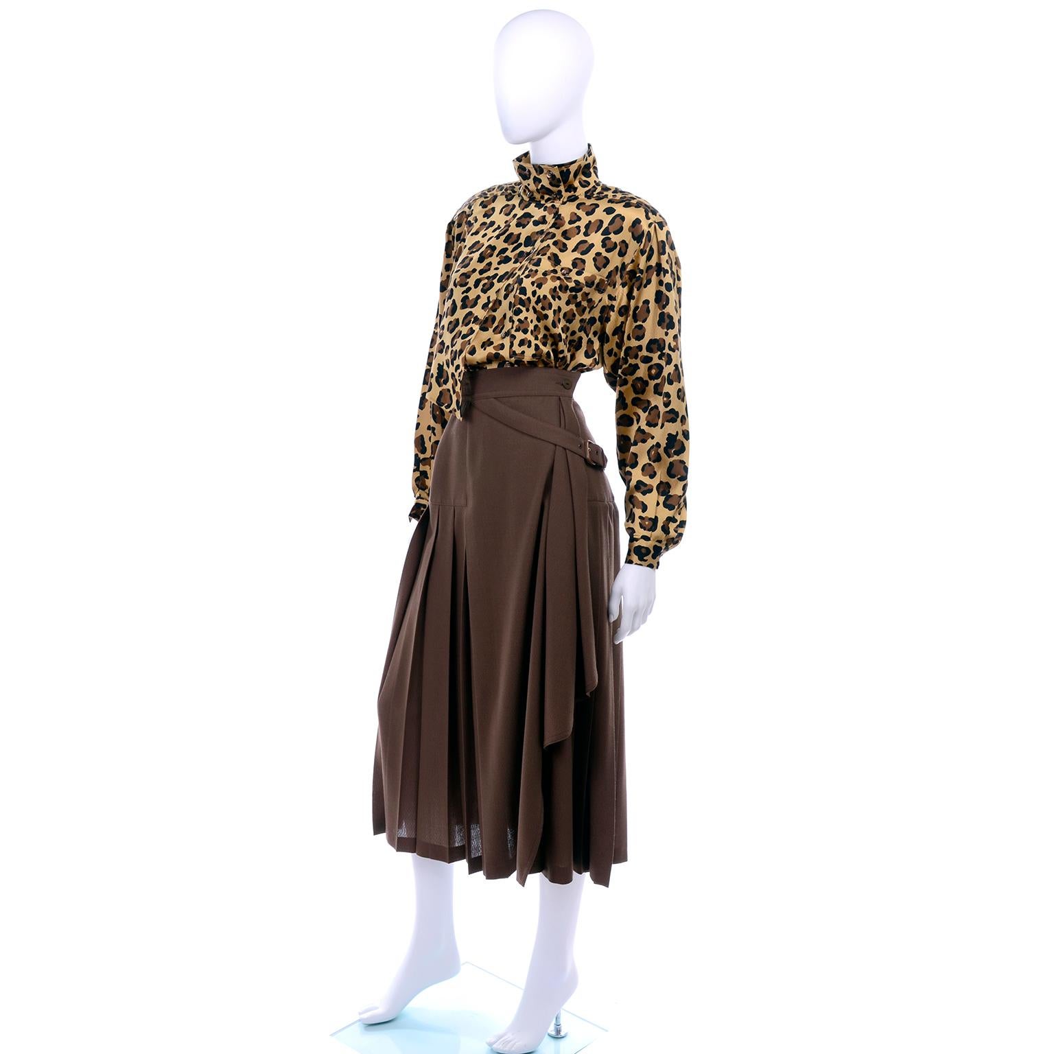 Black 1980s Escada Margaretha Ley Silk Animal Print Blouse & Brown Wrap Skirt w/ Belt For Sale
