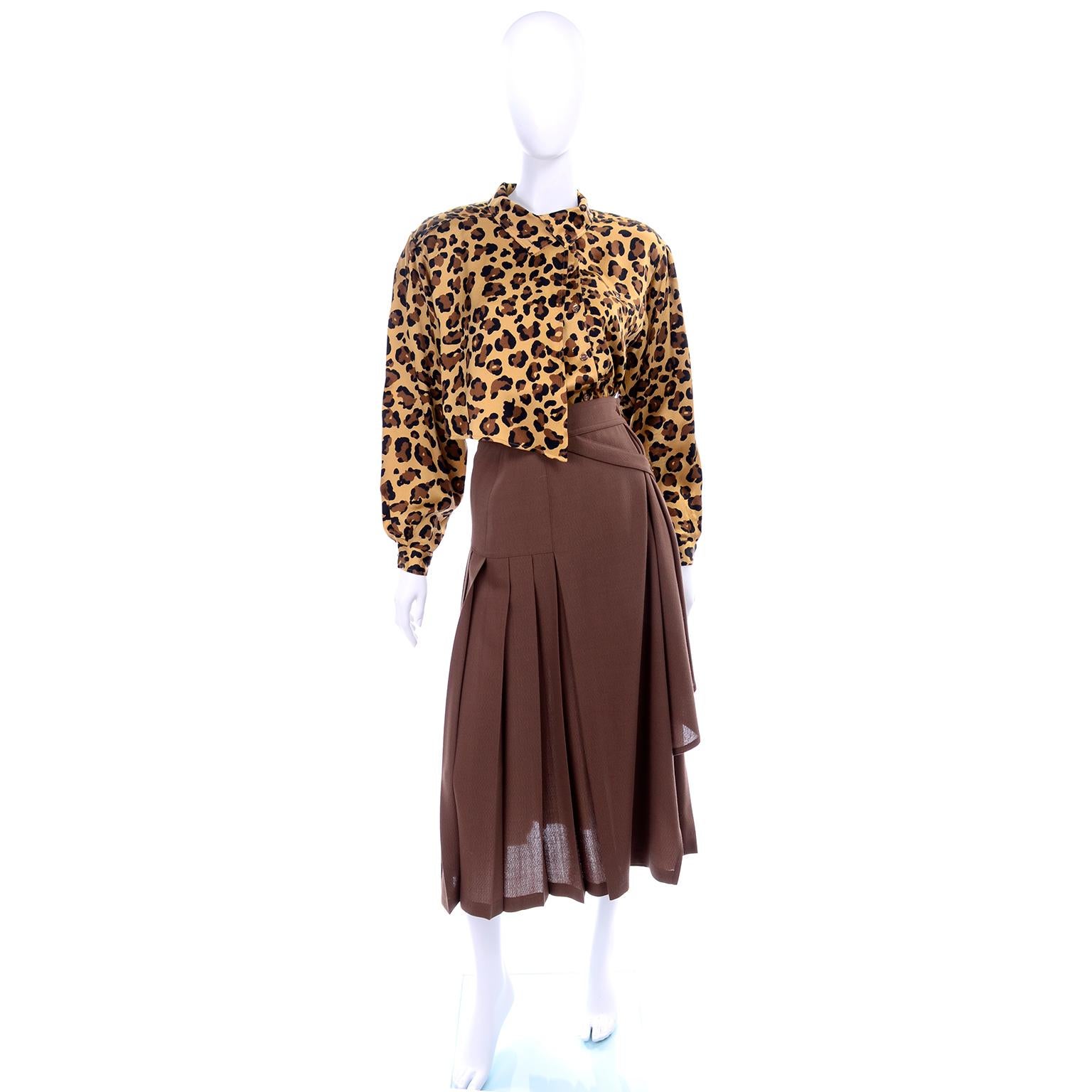 1980s Escada Margaretha Ley Silk Animal Print Blouse & Brown Wrap Skirt w/ Belt In Excellent Condition For Sale In Portland, OR