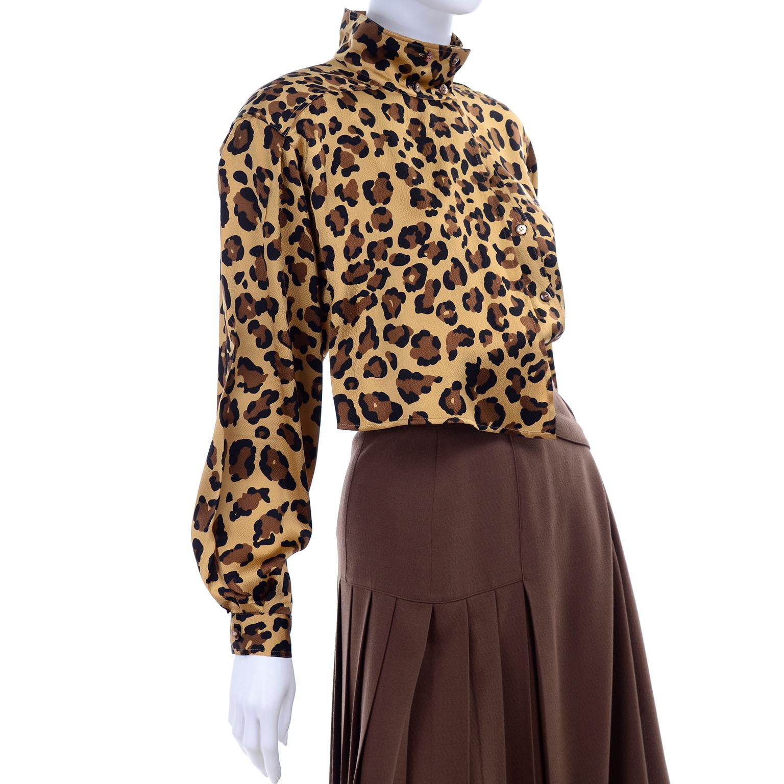 Women's 1980s Escada Margaretha Ley Silk Animal Print Blouse & Brown Wrap Skirt w/ Belt For Sale