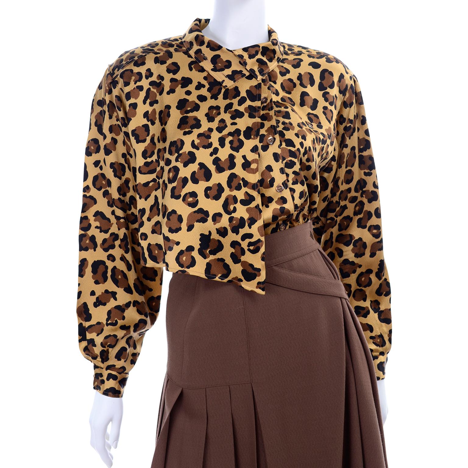 1980s Escada Margaretha Ley Silk Animal Print Blouse & Brown Wrap Skirt w/ Belt For Sale 1
