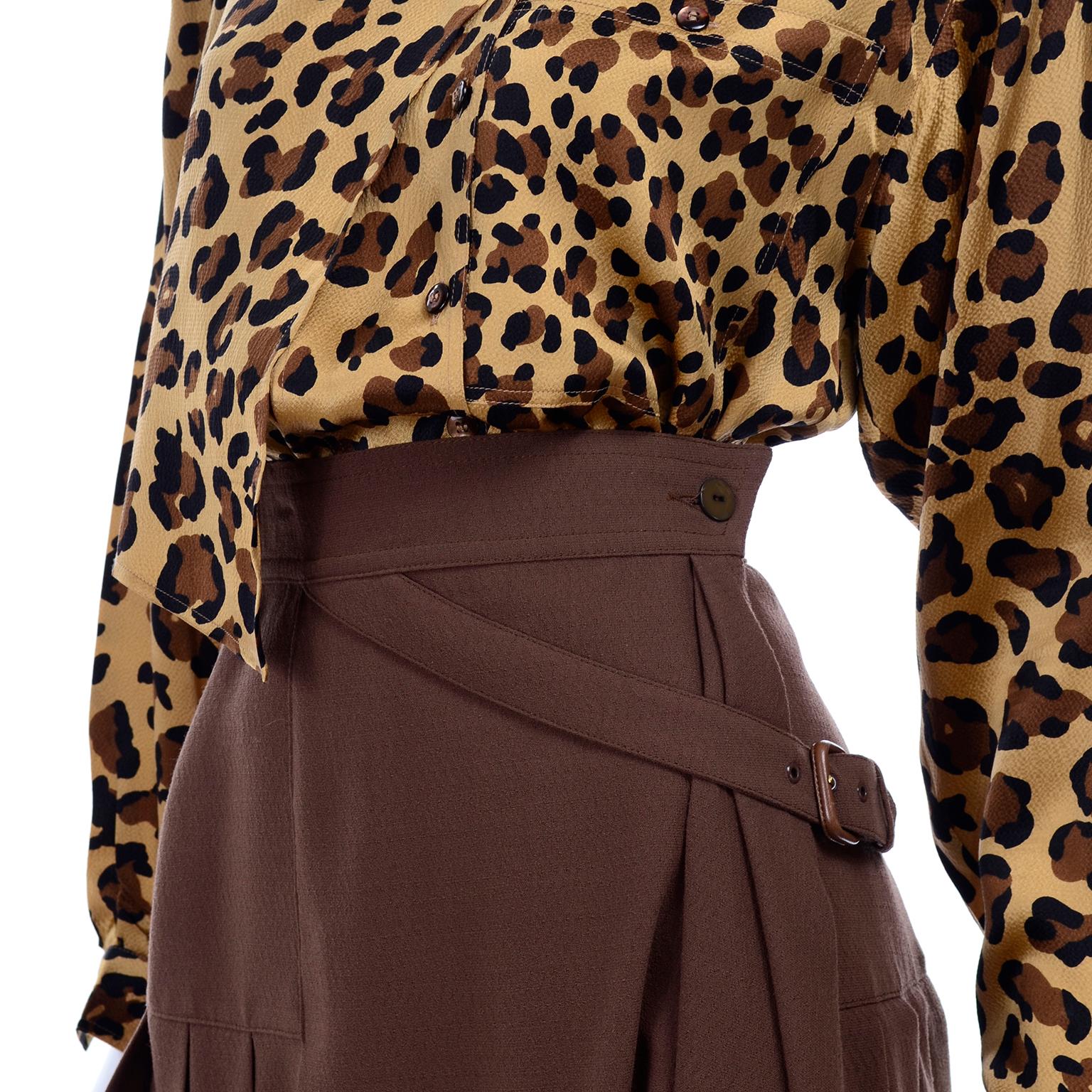 1980s Escada Margaretha Ley Silk Animal Print Blouse & Brown Wrap Skirt w/ Belt For Sale 2