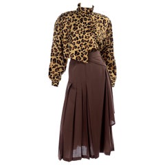 Vintage 1980s Escada Margaretha Ley Silk Animal Print Blouse & Brown Wrap Skirt w/ Belt