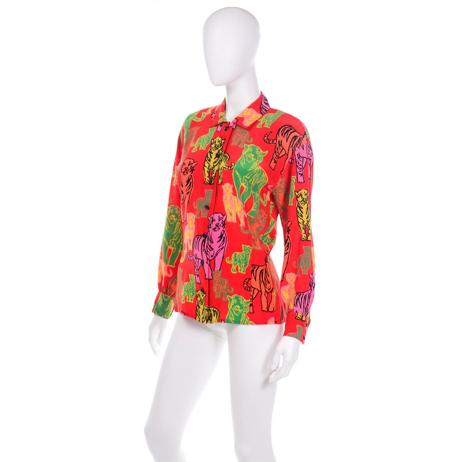 1980s Escada Margaretha Ley Top Colorful Silk Tiger Print Button Front Blouse In Good Condition For Sale In Portland, OR
