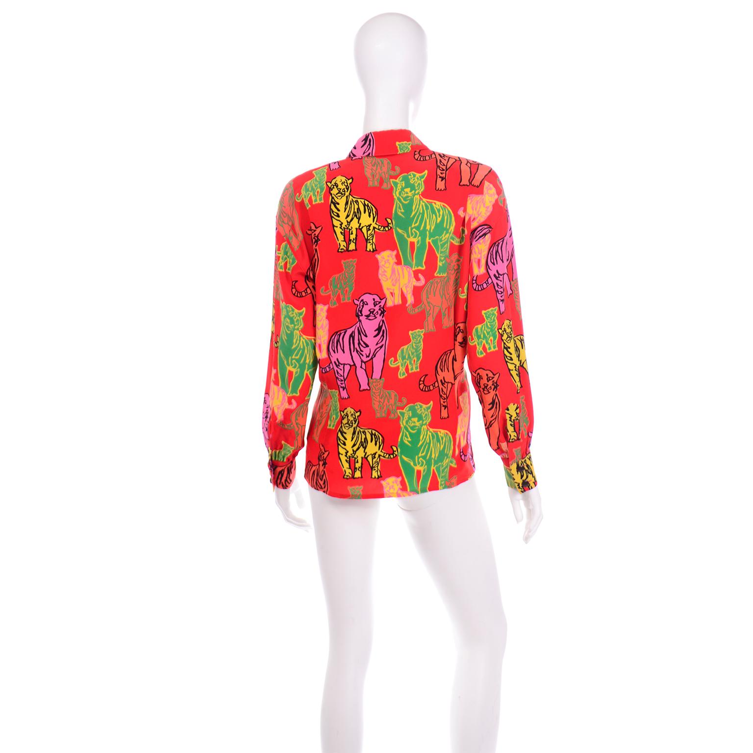 Women's 1980s Escada Margaretha Ley Top Colorful Silk Tiger Print Button Front Blouse For Sale