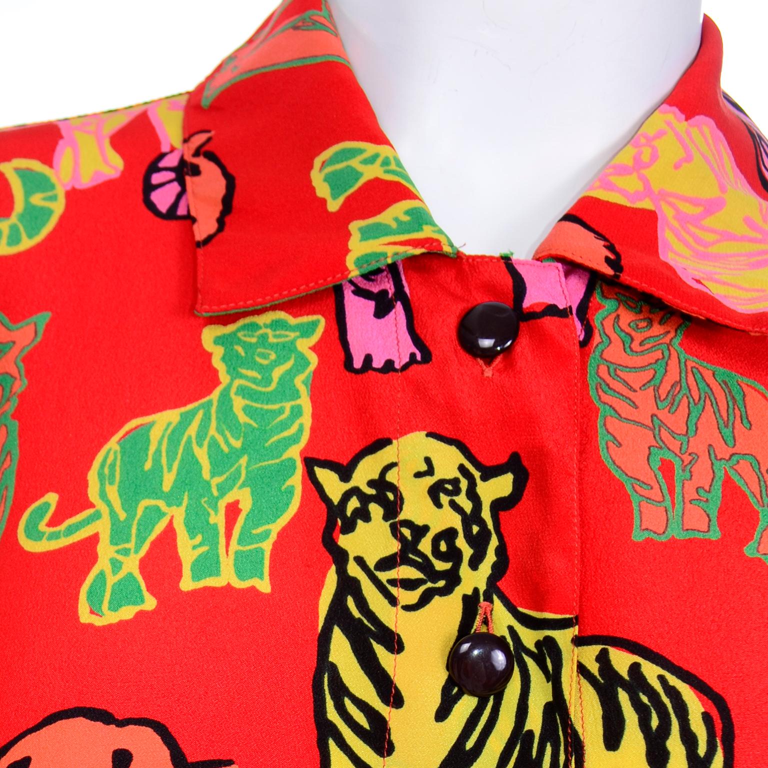 1980s Escada Margaretha Ley Top Colorful Silk Tiger Print Button Front Blouse For Sale 2