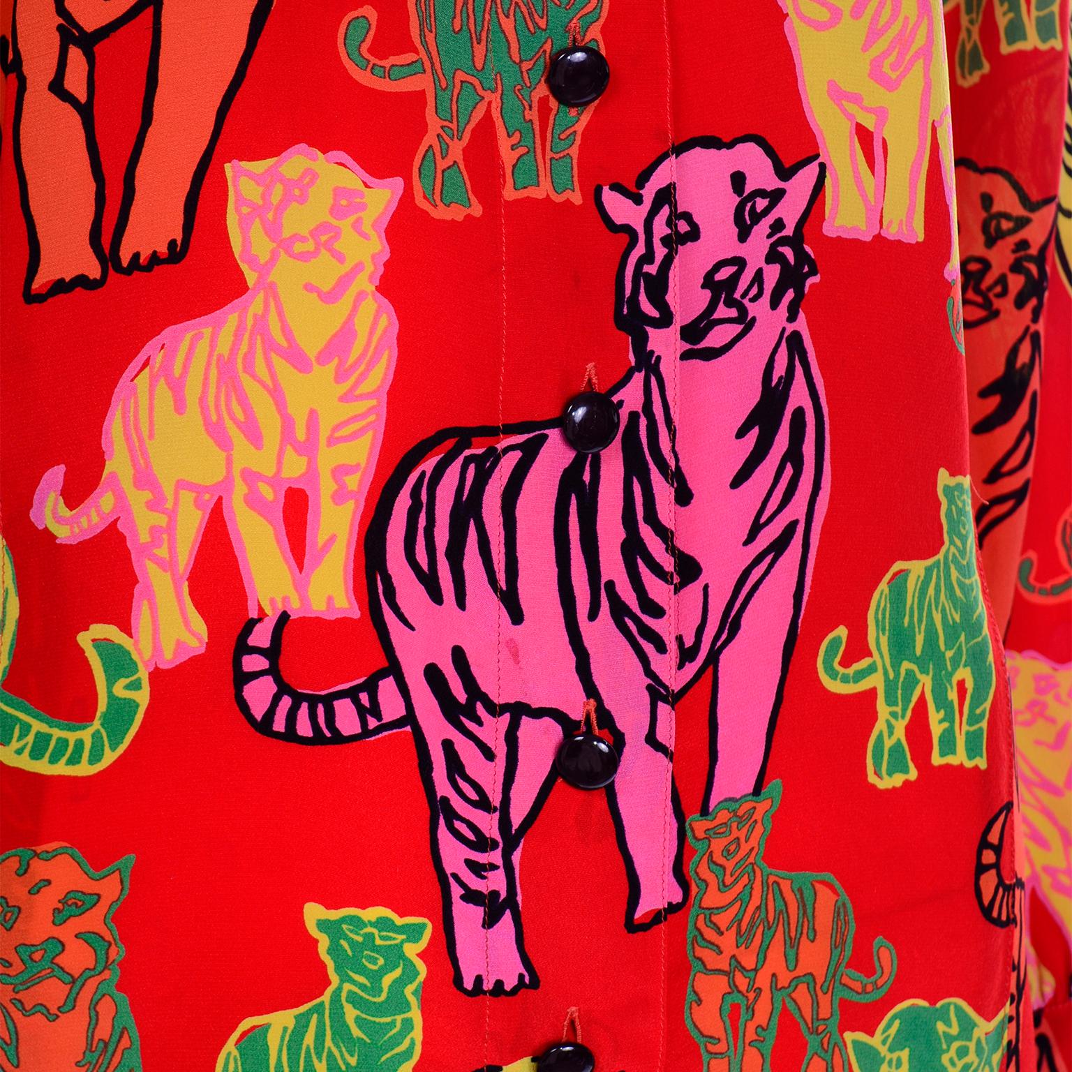 1980s Escada Margaretha Ley Top Colorful Silk Tiger Print Button Front Blouse For Sale 3