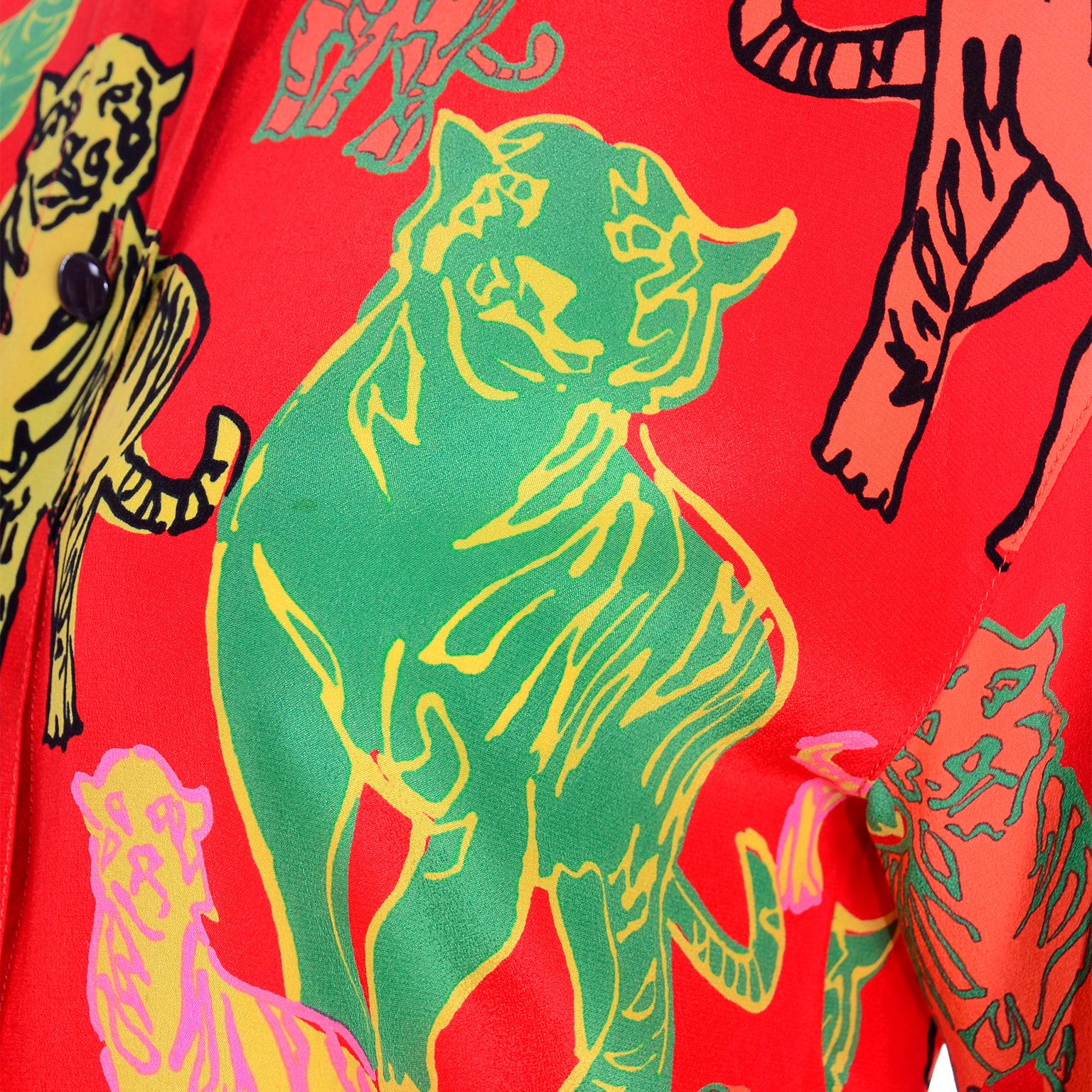 1980s Escada Margaretha Ley Top Colorful Silk Tiger Print Button Front Blouse For Sale 4