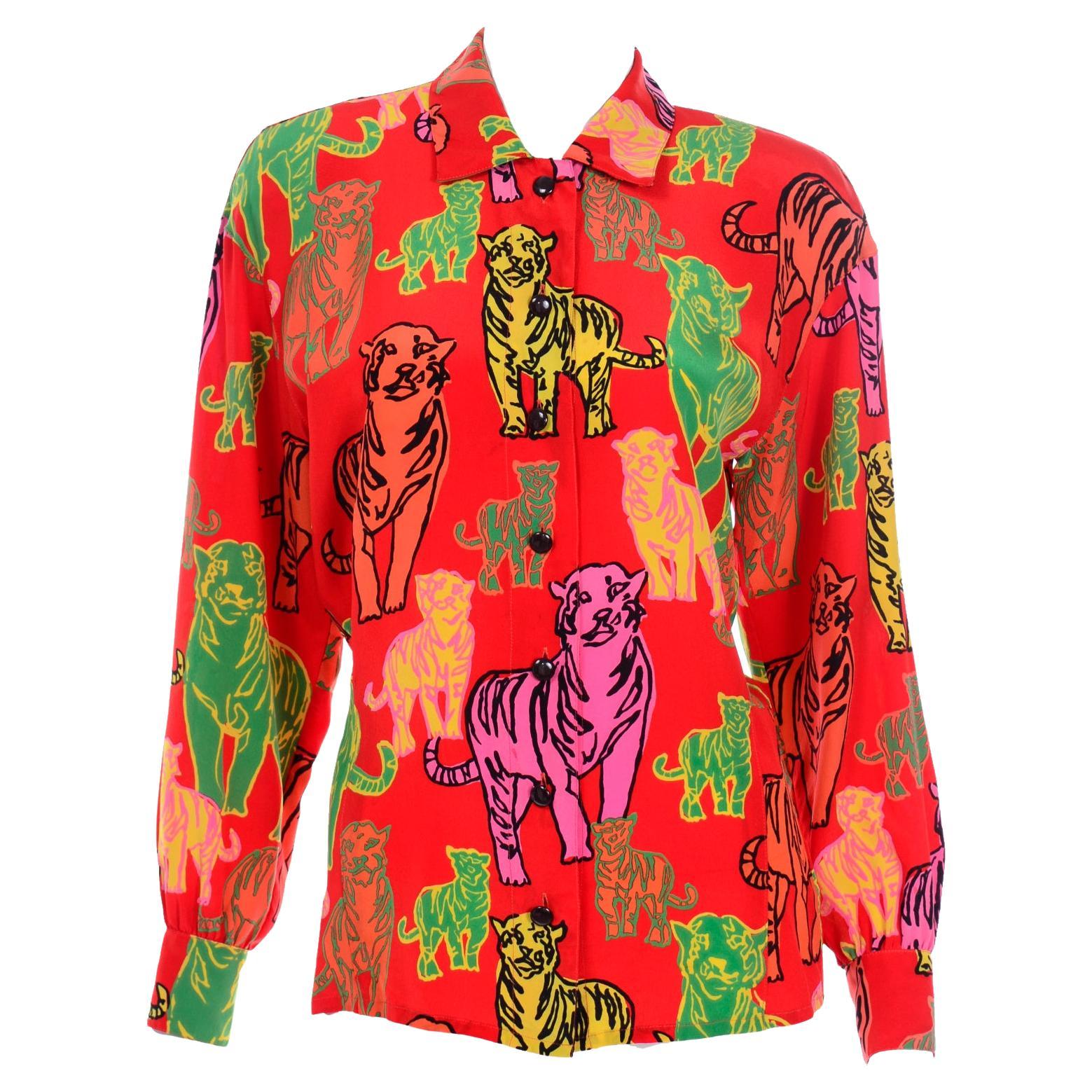 1980s Escada Margaretha Ley Top Colorful Silk Tiger Print Button Front Blouse For Sale