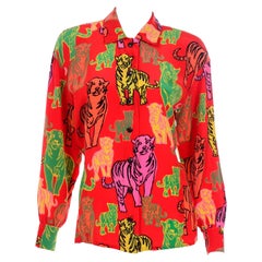 Retro 1980s Escada Margaretha Ley Top Colorful Silk Tiger Print Button Front Blouse