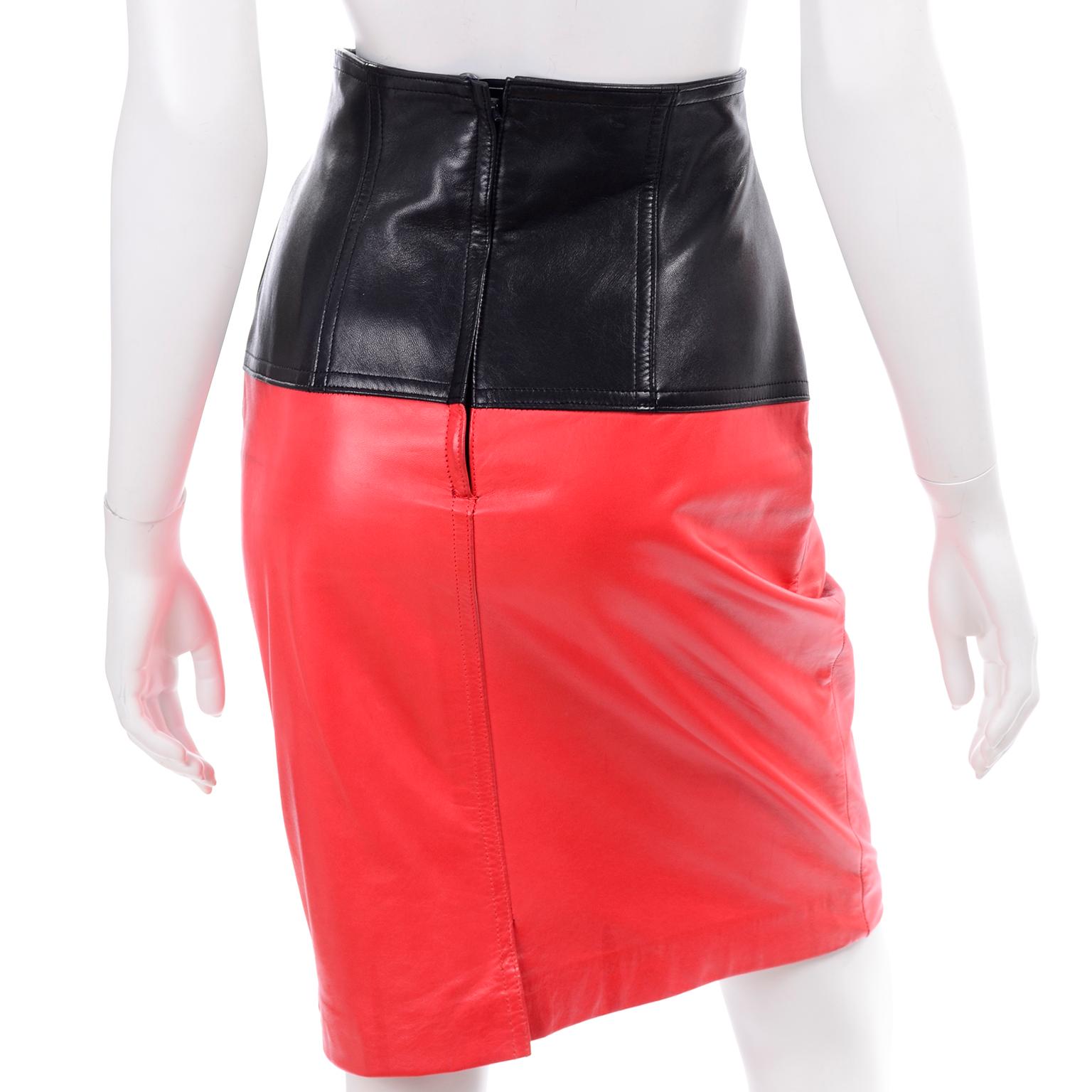Women's 1980s Escada Margaretha Ley Vintage Red & Black Color Block Leather Skirt For Sale
