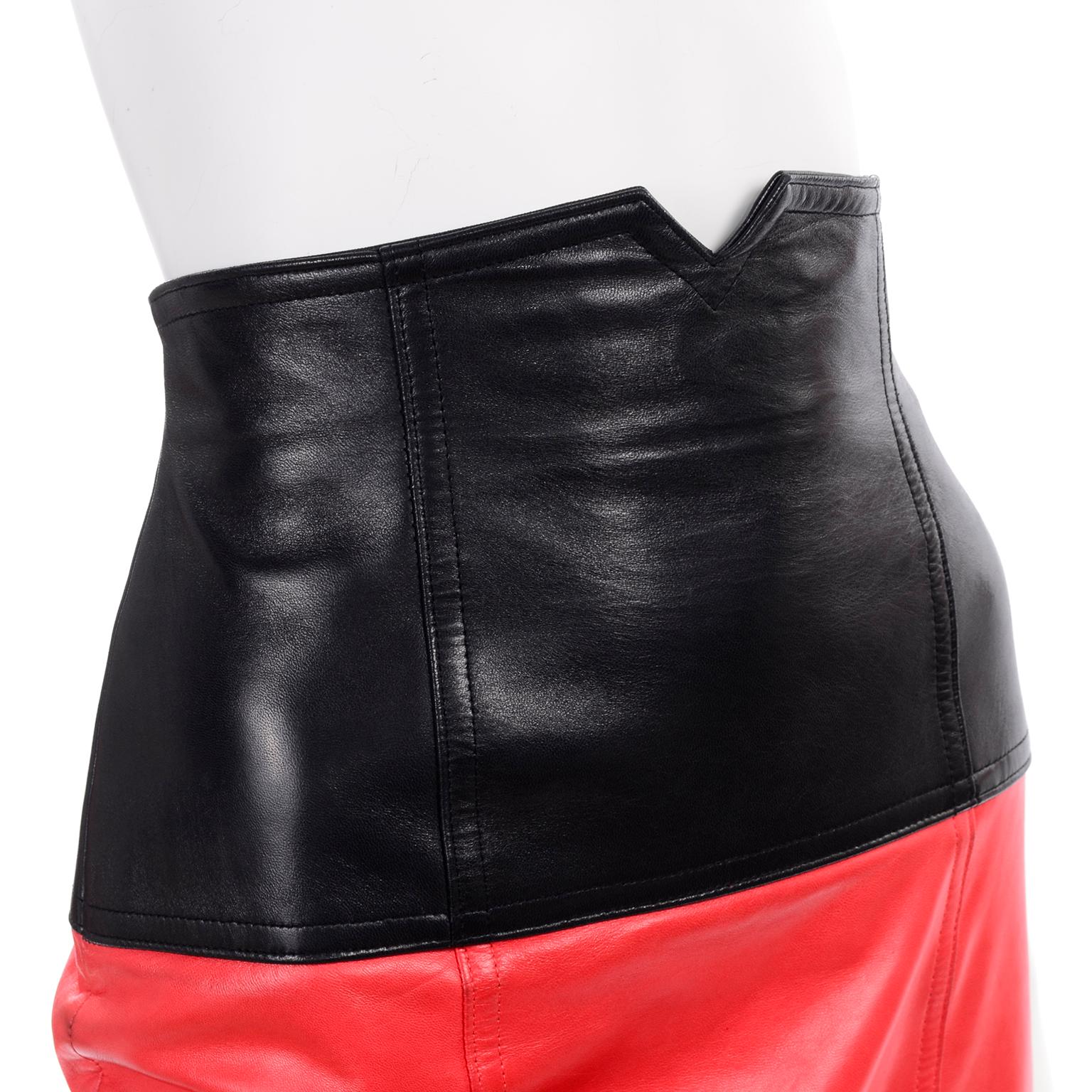 1980s Escada Margaretha Ley Vintage Red & Black Color Block Leather Skirt For Sale 1