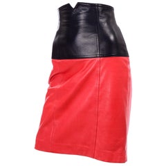 1980s Escada Margaretha Ley Retro Red & Black Color Block Leather Skirt