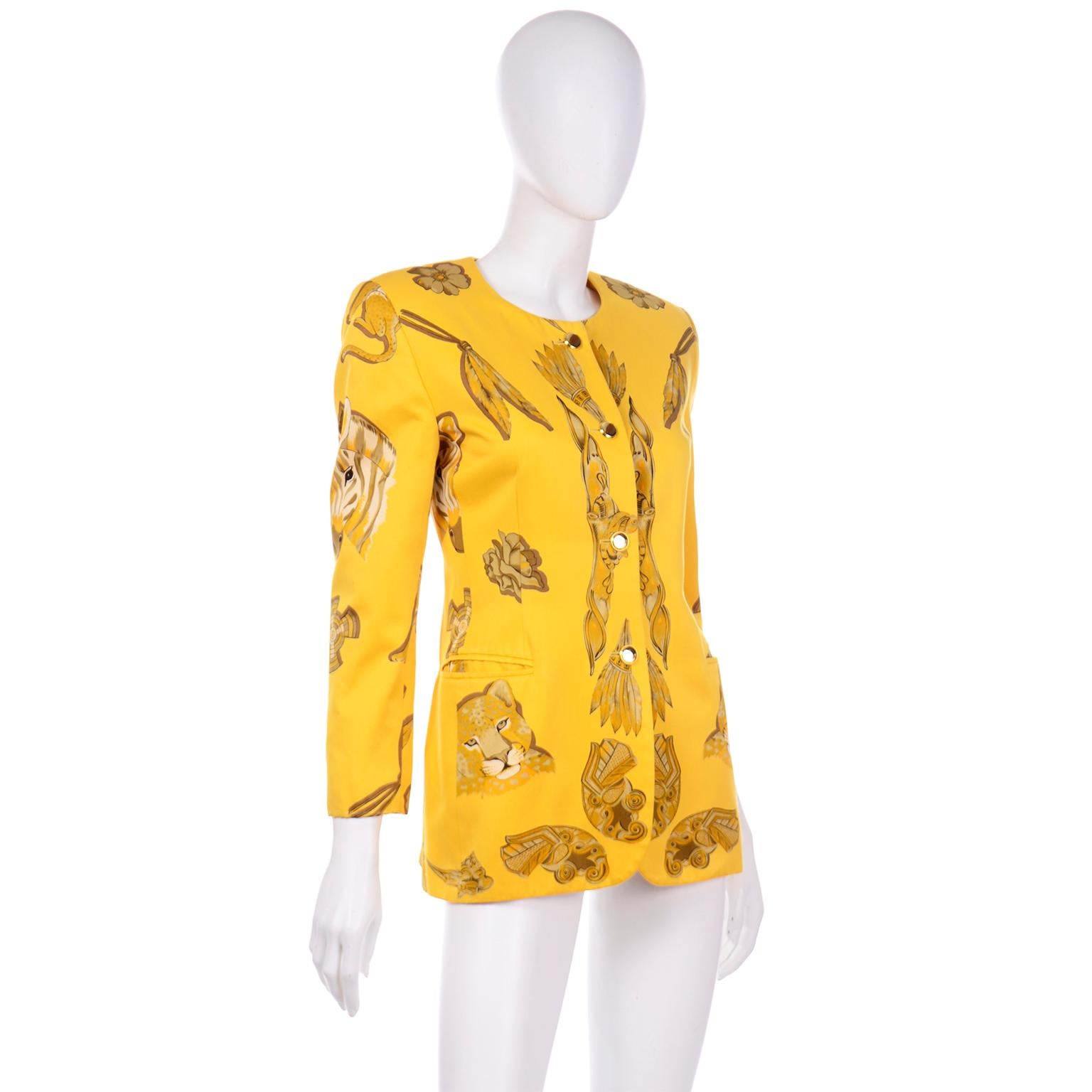 1980s Escada Margaretha Ley Vintage Yellow Print Polished Cotton Jacket In Excellent Condition In Portland, OR