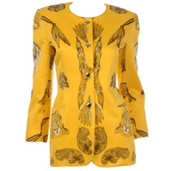 1980s Escada Margaretha Ley Retro Yellow Print Polished Cotton Jacket